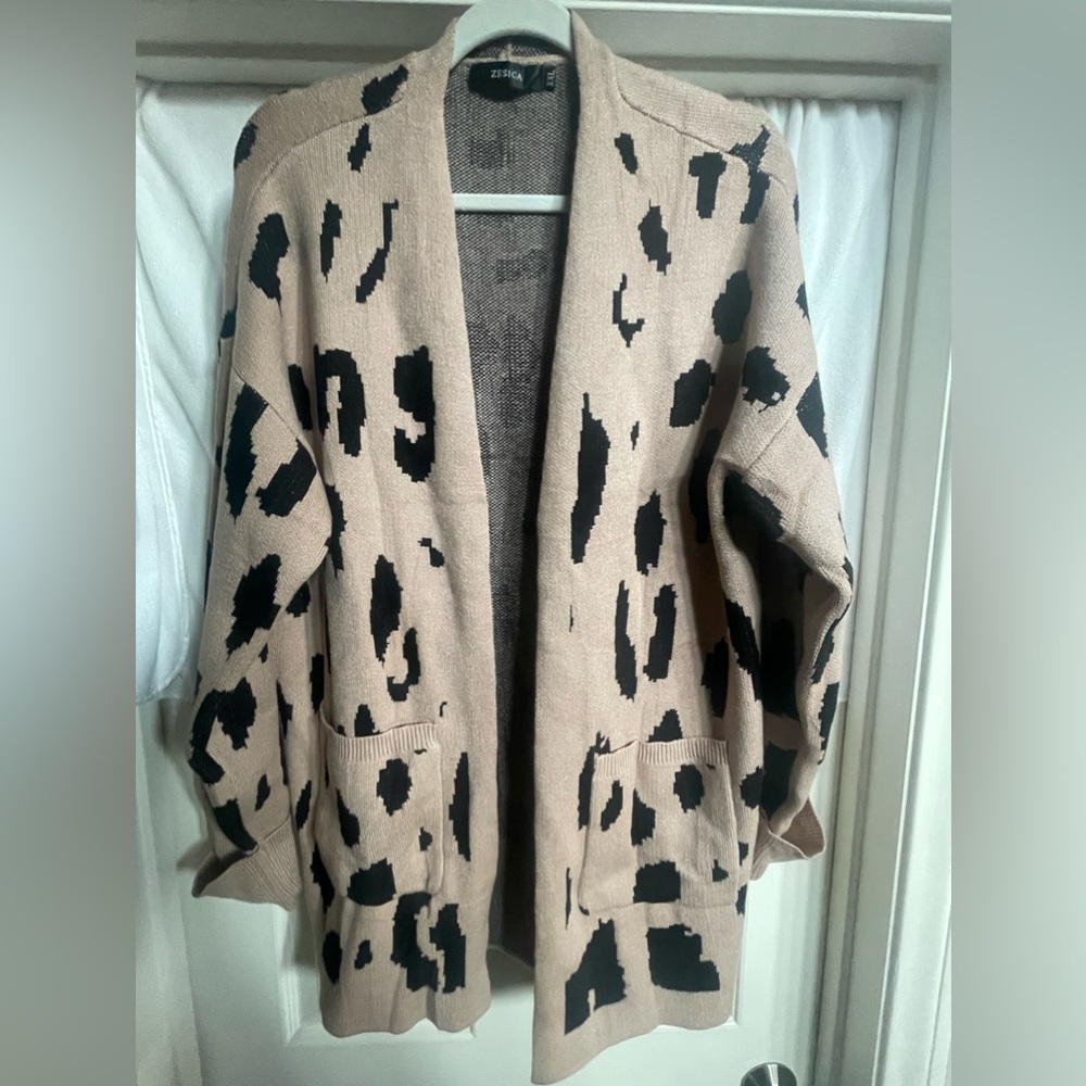ZESICA Women's Fall Winter Long Sleeves Open Front Leopard Print Knitted Sweater